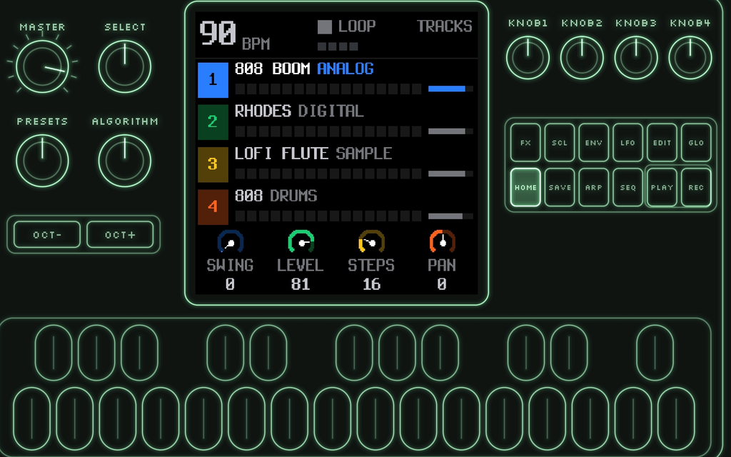 FM-1 Swap TRY screen running SLOOP on a virtual FM-1, phosphor panel and sequencer
