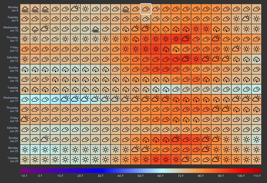 16-day hourly weather heatmap with color-coded temperatures and weather icons