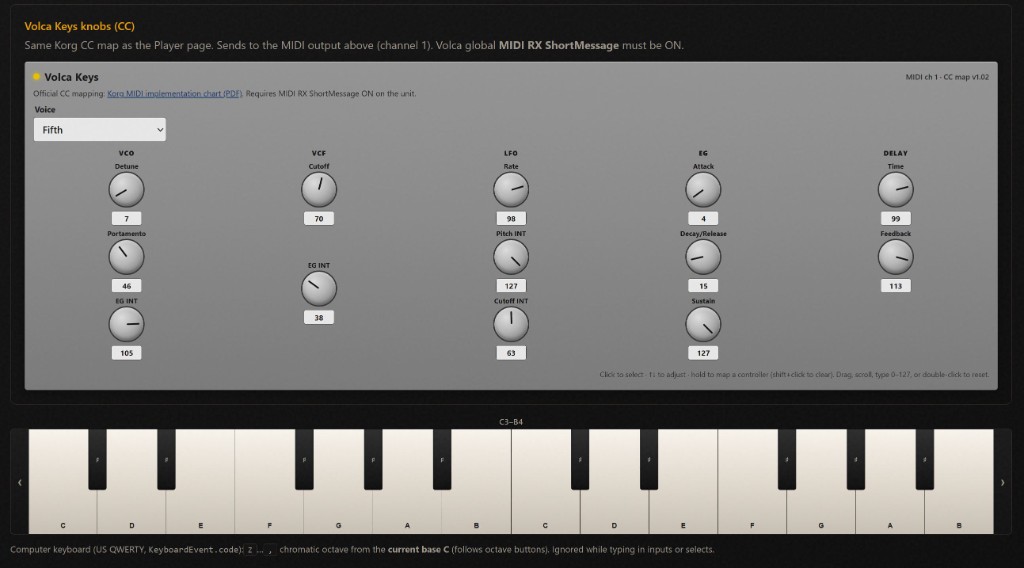 Play My Synth player interface with Volca Keys knob controls and on-screen piano keyboard